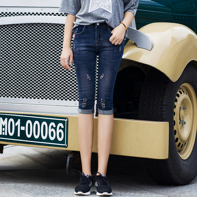 破洞七分牛仔裤女2021夏季新款韩版修身显瘦薄款弹力小脚六分中裤