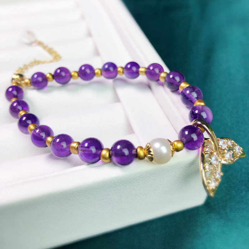 乌拉圭紫水晶手链配天然珍珠手串 原创学生闺蜜生日礼物 女生饰品