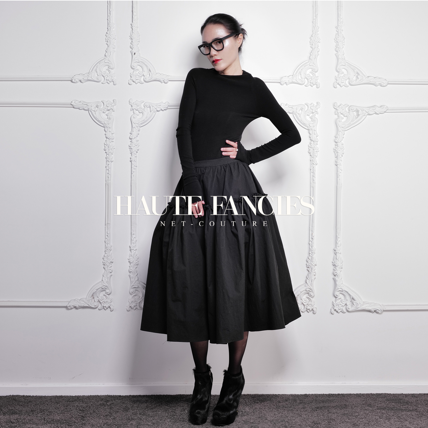 郁金香HAUTE FANCIES后构想｜黑色花苞型百褶半裙秋冬挺阔小洋裙