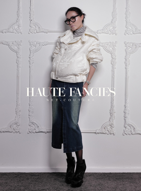 HAUTE FANCIES后构想｜白色提花大翻领收腰面包夹克羽绒棉短外套
