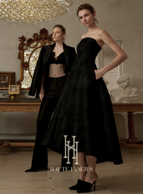 高定 HAUTE FANCIES后构想｜黑色精工千褶法式抹胸蝴蝶腰封礼服裙