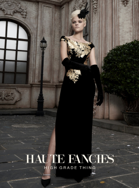 黑金 HAUTE FANCIES后构想 | 牡丹花黑色丝绒法式修身开衩连衣裙
