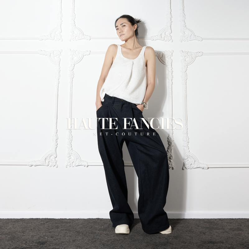 秋冬藏青色牛仔高腰宽松收脚长裤