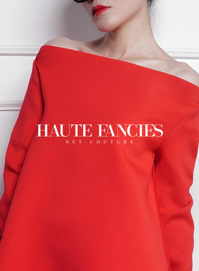HAUTE FANCIES后构想｜优雅正红一字肩薄肩小A摆空气层长袖上衣