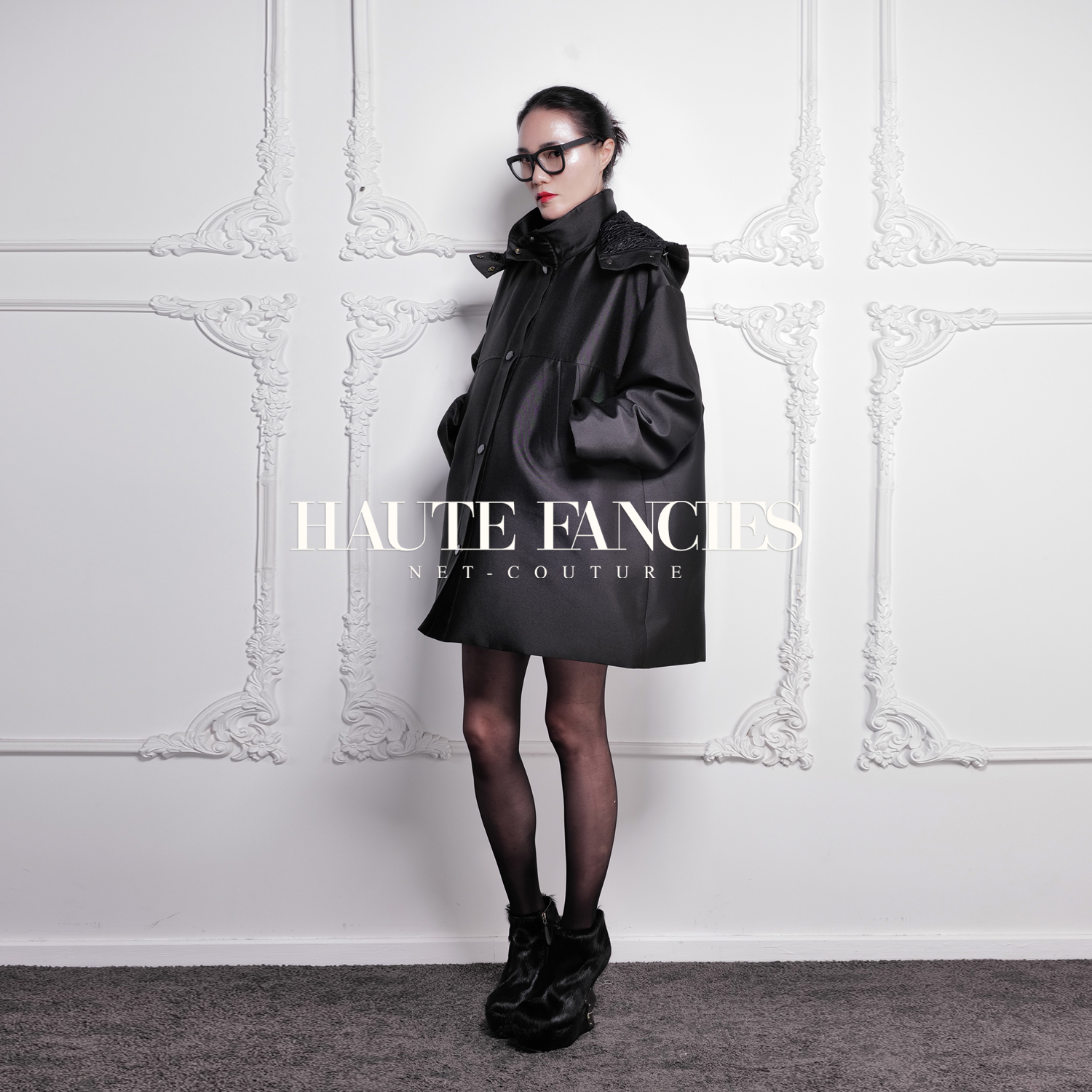 后构想宽松羽绒棉连帽长风衣外套