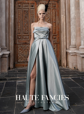 高定 HAUTE FANCIES后构想 | 湖蓝色缎面提花法式露肩开衩礼服裙