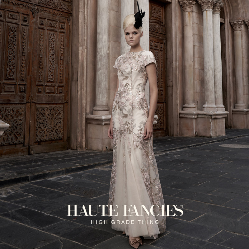 高定 HAUTE FANCIES后构想 | 杏色珠光蕾丝插片优雅法式礼服裙