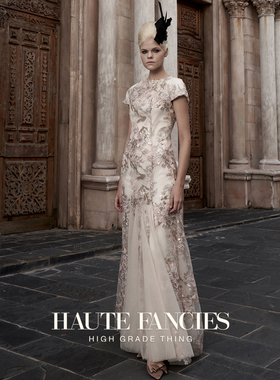 高定 HAUTE FANCIES后构想 | 杏色珠光蕾丝插片优雅法式礼服裙