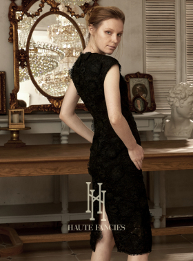 浮雕蕾丝花朵HAUTE FANCIES后构想|黑色蕾丝经典法式包臀连衣裙