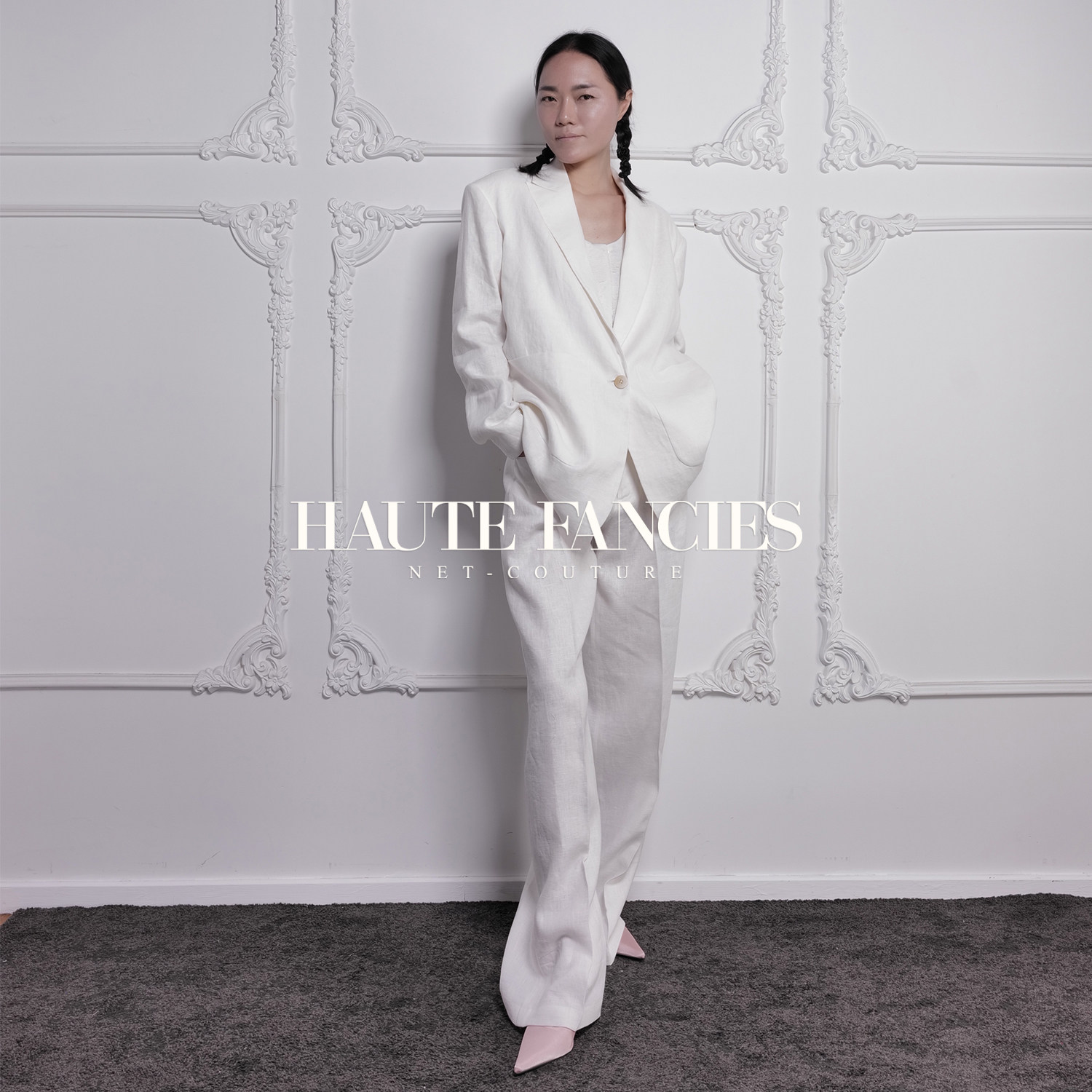 【HAUTE FANCIES后构想】复古宽腰带修身白色亚麻阔腿裤宽脚裤女