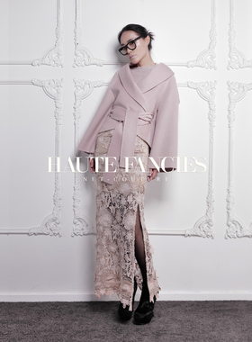 浅紫HAUTE FANCIES后构想｜粉色一片式手工纯羊绒毛呢短款外套