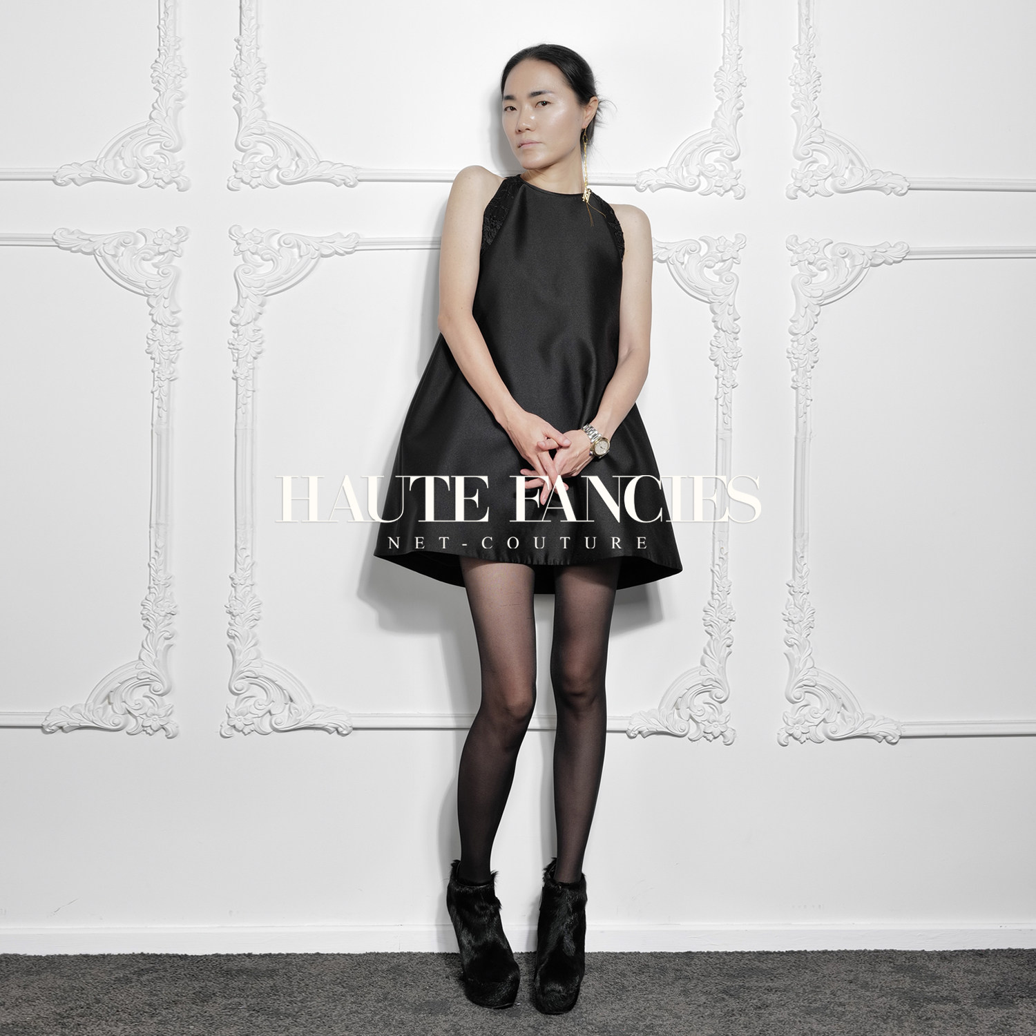 【HAUTE FANCIES后构想】法式蕾丝肩黑色圆领无袖A摆裙短裙连衣裙