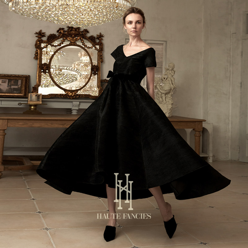 高定 HAUTE FANCIES后构想｜黑色高密千褶奢阔法式大摆深V礼服裙