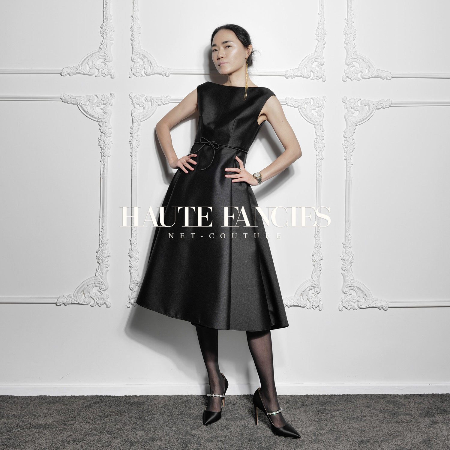 【HAUTE FANCIES后构想】法式复古优雅蝴蝶绳束腰黑色a摆裙连衣裙