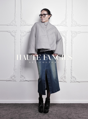 HAUTE FANCIES后构想｜浅灰色新中式开领A摆袖斜襟羽绒棉短外套