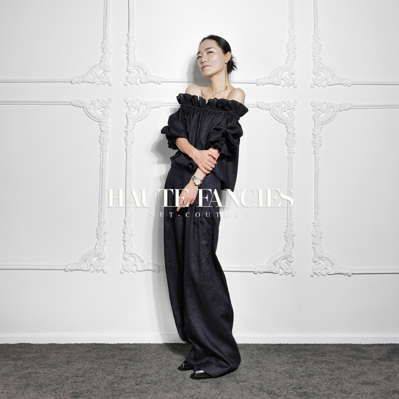 质朴的 HAUTE FANCIES后构想｜压褶高腰黑色亚麻阔腿裤25早秋精品,女装/女士精品,休闲裤,淘宝优惠券,粉丝福利购,淘宝优惠卷