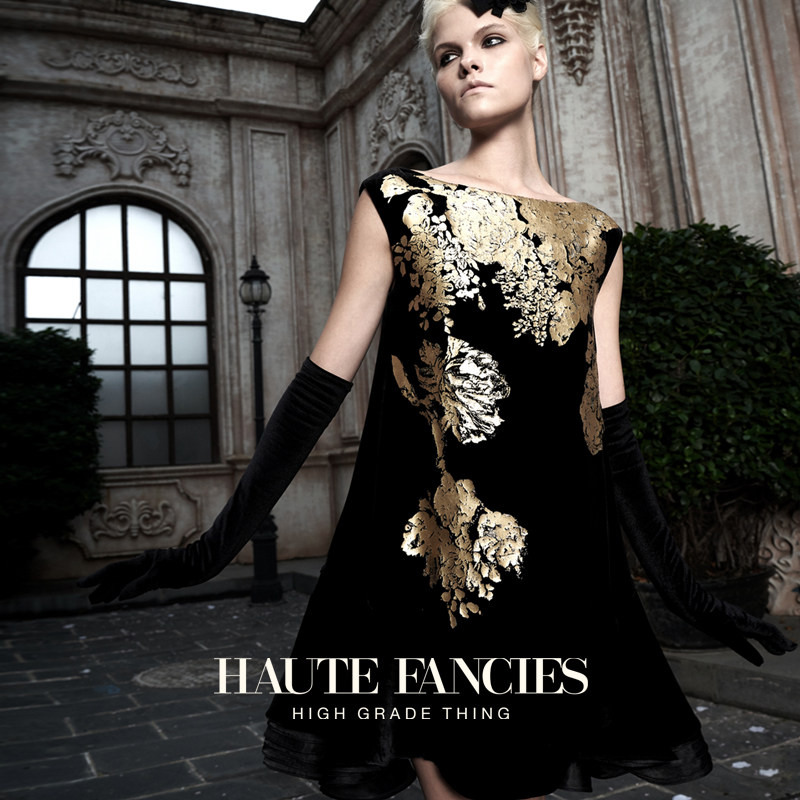 黑金牡丹花 HAUTE FANCIES后构想｜真丝丝绒一字领法式复古娃娃裙