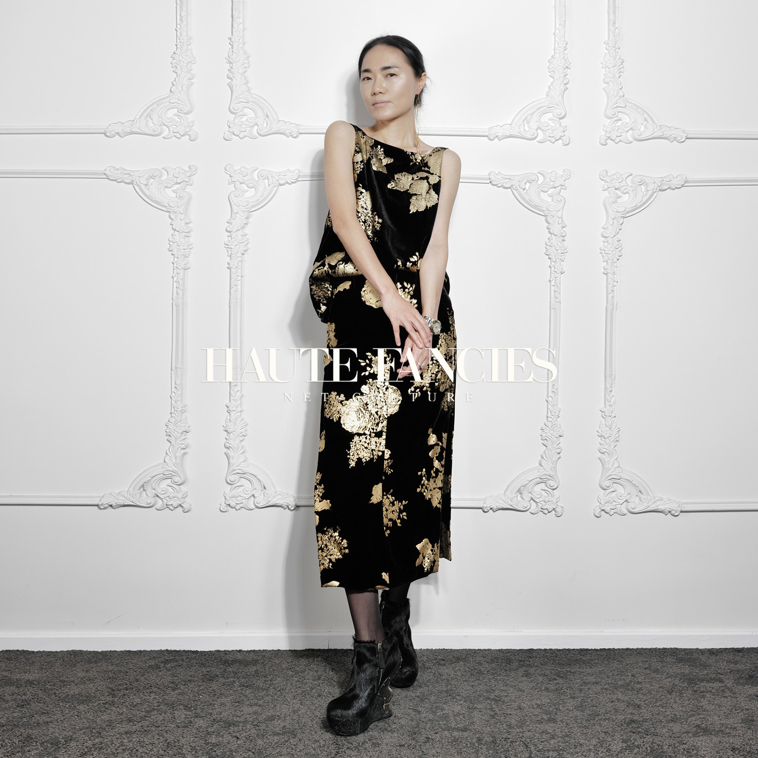 【HAUTE FANCIES后构想】法式优雅黑金真丝丝绒高开衩包臀半身裙