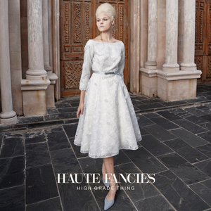立体花朵 HAUTE FANCIES后构想 | 淡蓝色法式一字领高腰A摆连衣裙