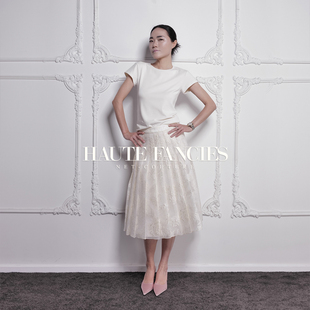 矜持 FANCIES后构想｜杏色真丝提花中长百褶裙高腰半身裙 HAUTE