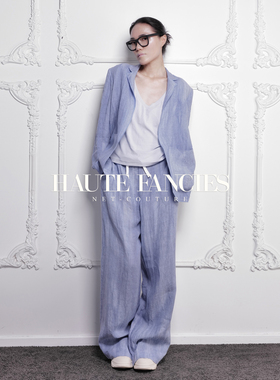 天空【HAUTE FANCIES后构想】｜天蓝色极简压褶平驳领亚麻西装女