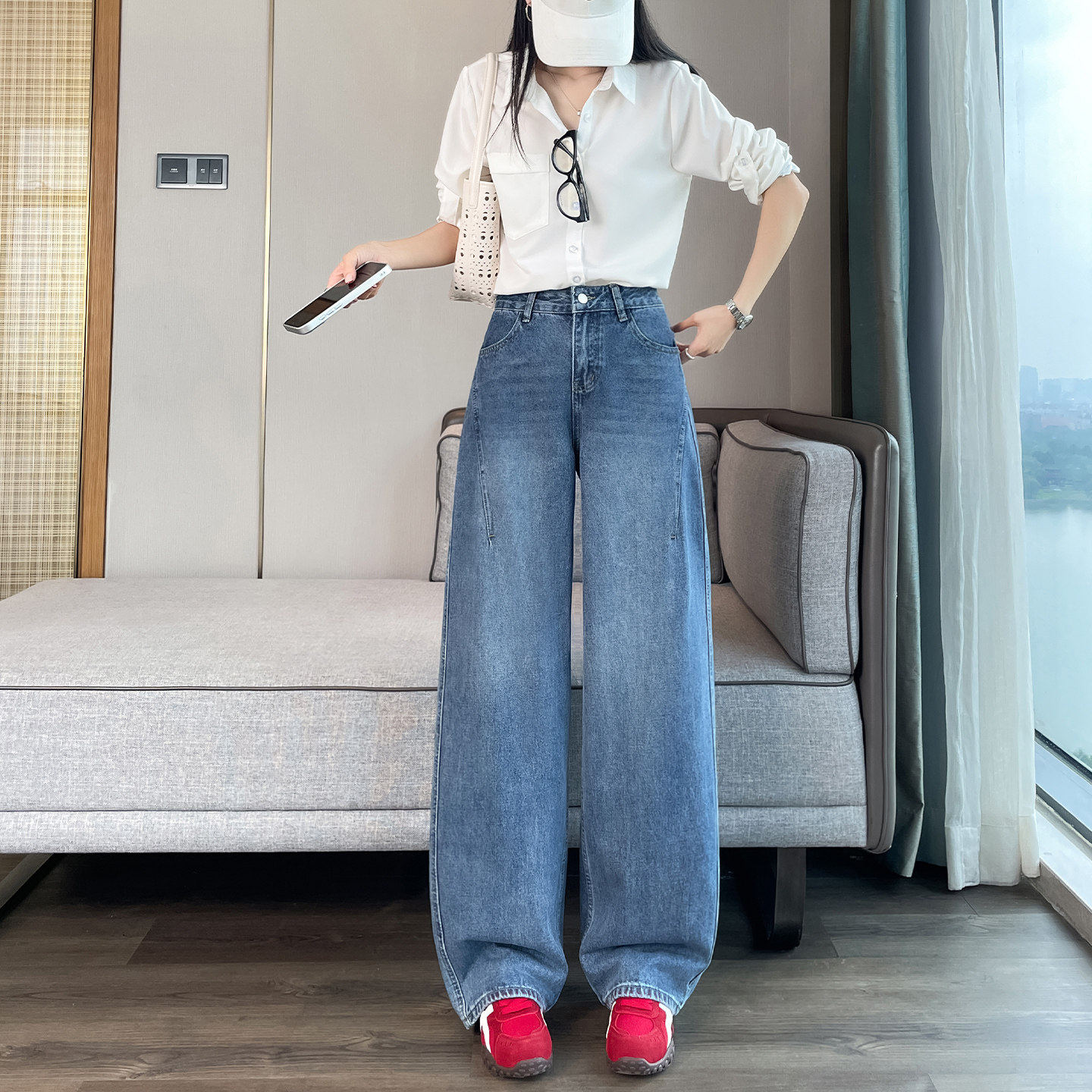 深蓝色弯刀牛仔裤女学生春秋新款宽松香蕉高腰显瘦垂感遮跨阔腿裤