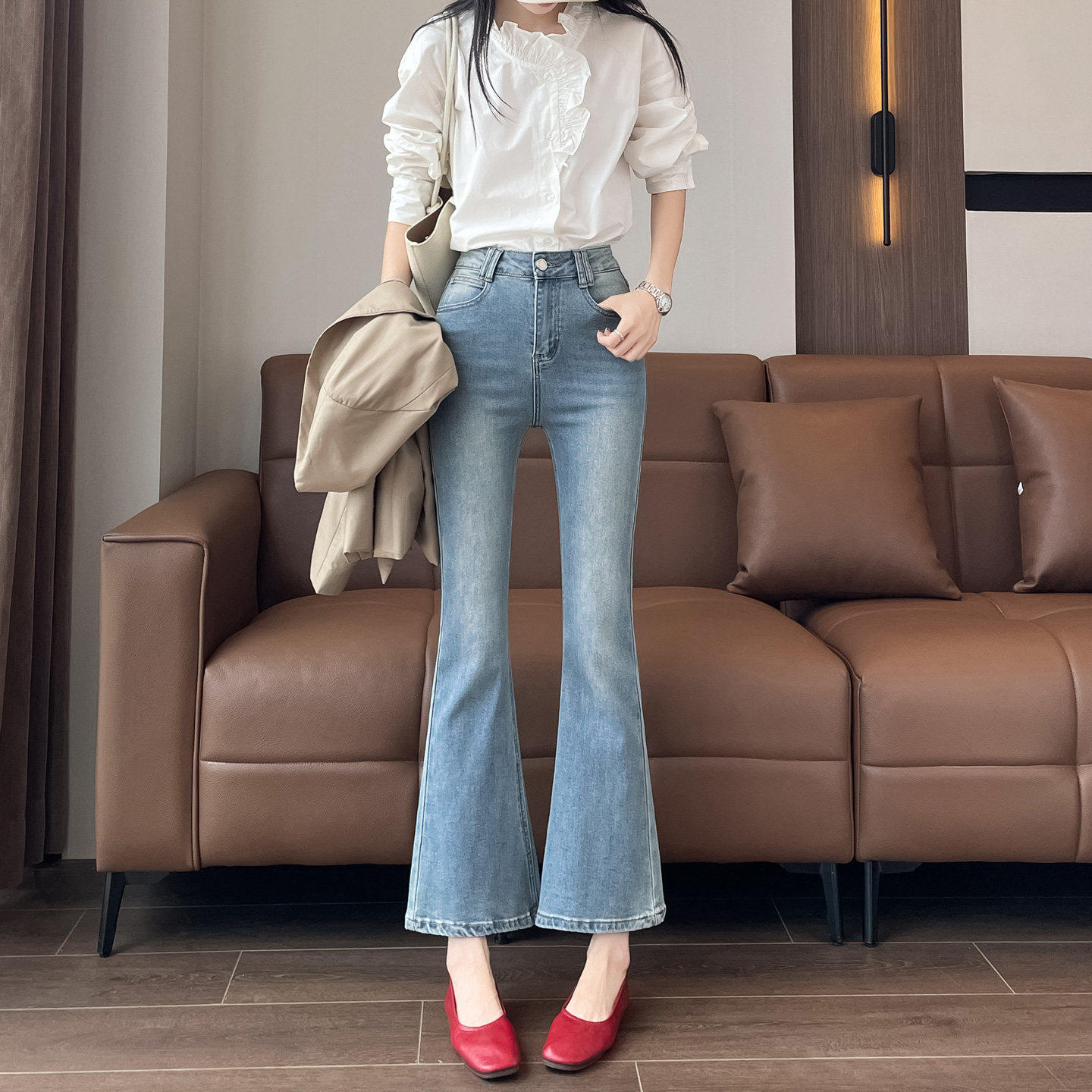 浅蓝微喇牛仔裤女春秋学生新款高腰显瘦修身小个子九分马蹄喇叭裤