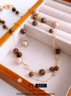 虎眼石珍珠圆形叠戴吊坠项链法式复古宫廷风毛衣链设计感小众