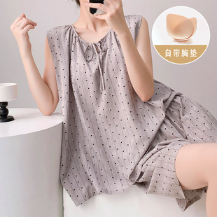带胸垫棉绸睡衣女夏薄款 外穿家居服 防凸点无袖 背心宽松人造棉大码