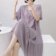 高端人造棉短袖睡衣新款棉绸睡裙女夏绵绸女款大码家居服纯色裙子