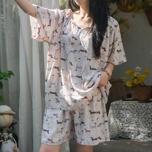 睡衣女夏季 棉绸卡通可爱短袖 家居服人造棉可外穿甜美少女短裤 套装