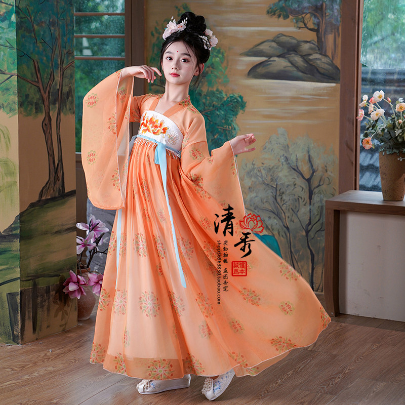 女童中国风汉服春秋原创古筝演出服唐装连衣裙超仙儿童古装广袖表