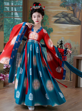 汉服女童春秋中国风红色唐装儿童古装超仙女广袖连衣裙古筝演出服