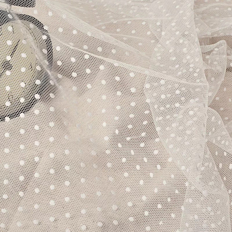 红色白色波点植绒网纱娃娃衫童装面料连衣裙婚纱礼服透明布料