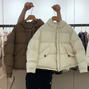 韩国东大门羽绒服女短款 90白鸭绒zui美设计师咖色加厚连帽收腰