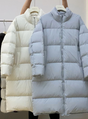 及踝长款羽绒服女2025新款新国标90白鸭绒灰蓝色立领六格加长外套