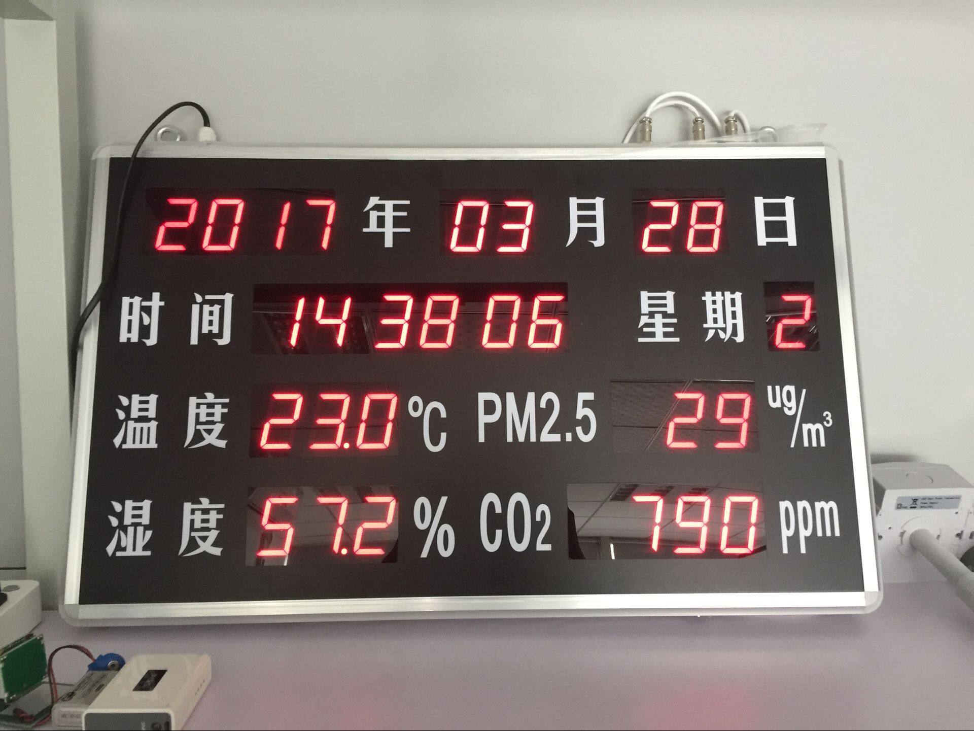 集时间，日期，温湿度，PM2.5，CO2多功能显示屏！750*500*50MM