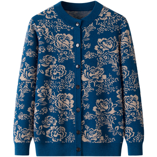 100纯山羊绒开衫女 中老年圆领加厚宽松大码针织外套保暖上衣毛衣