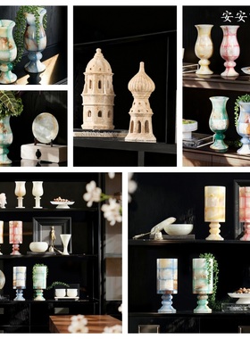 现代中古风天然多巴胺玉石格子花瓶大理石花器家居桌面书架饰品