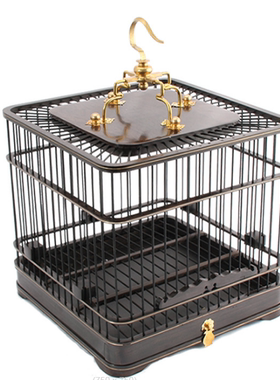 新中式镂空精致铜钩乌木鸟笼样板间售楼处桌面玄关造景装饰摆件