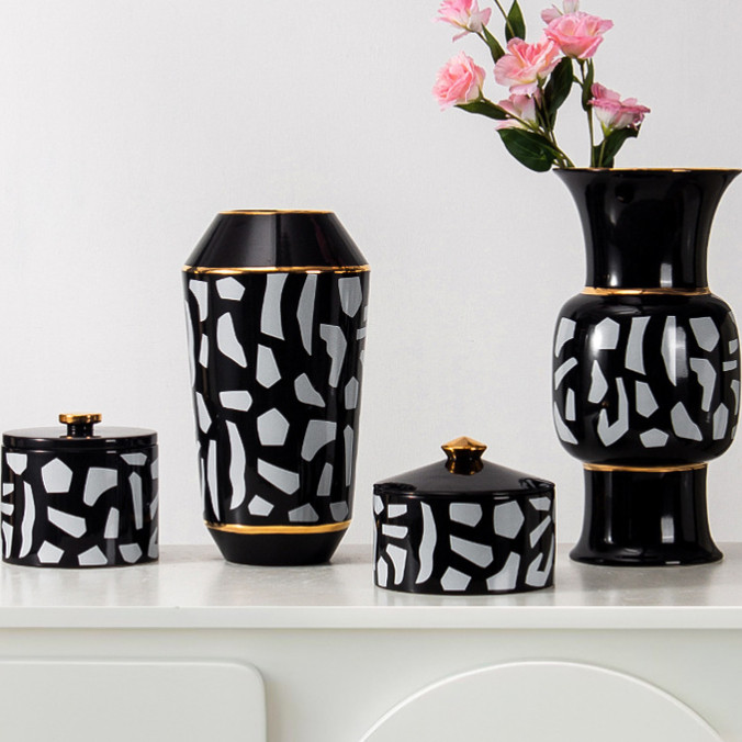 现代简约创意黑白贴金陶瓷花瓶花器样板房家居桌面茶几软装饰品