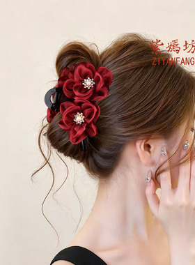 红色花朵抓夹女发量少中号鲨鱼夹新年发夹头饰新中式发卡盘发半扎