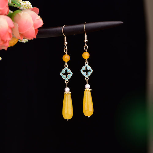 新中式耳环黄色玉髓烧蓝宫廷风耳坠女简约气质旗袍耳饰耳夹日常