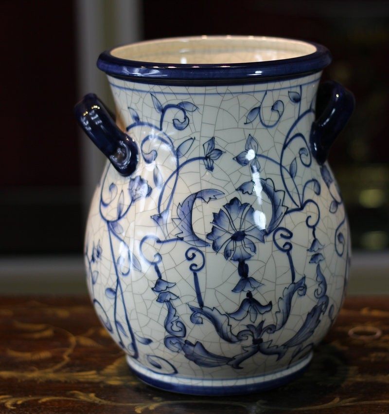 新中式古典青花风格 白底冰裂纹纹饰款陶瓷花盆 家居庭园饰品摆件