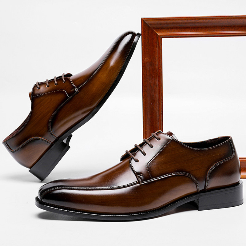 2024 AUTUMN LEATHER SHOES MENS LEATHER BUSINESS FORMAL WEAR HIGH-END MENS SHOES BRITISH STYLE FORMAL WEAR YOUTH TIE-UP POINTED-TOE WEDDING SHOES