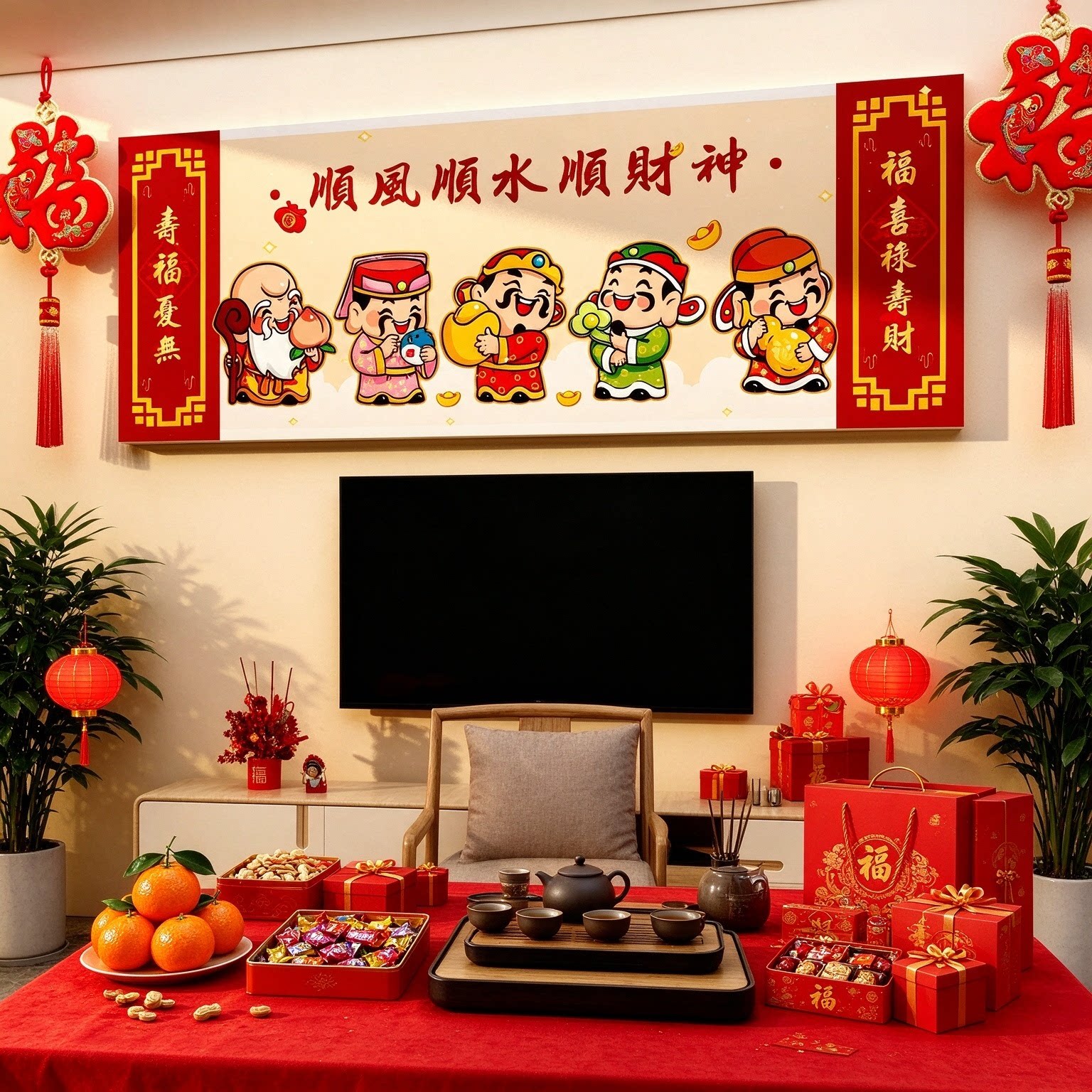 五福临门财神爷贴画客厅玄关
