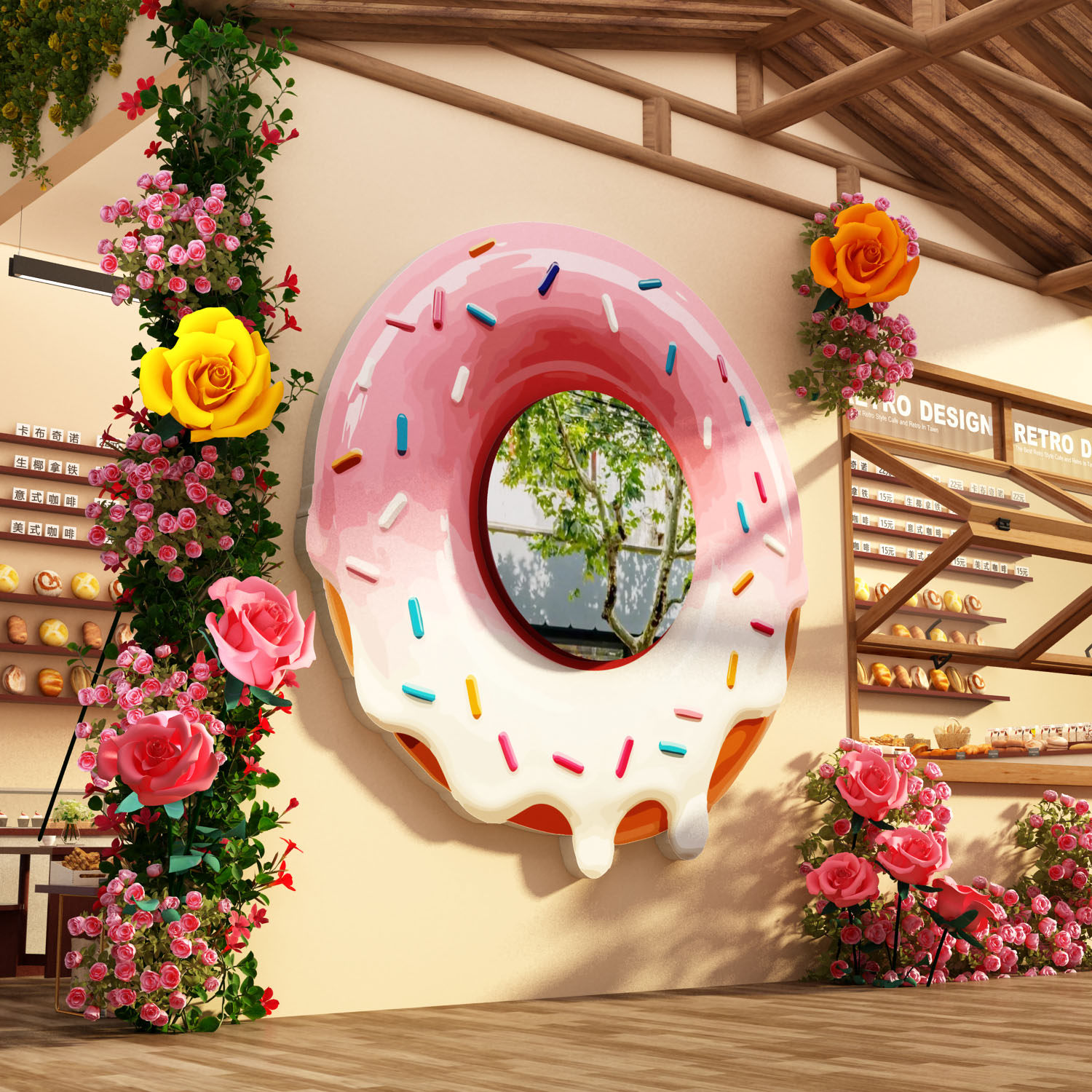 网红镜子打卡拍照区面包蛋糕烘焙店墙面装饰贴氛围布置门口甜甜圈