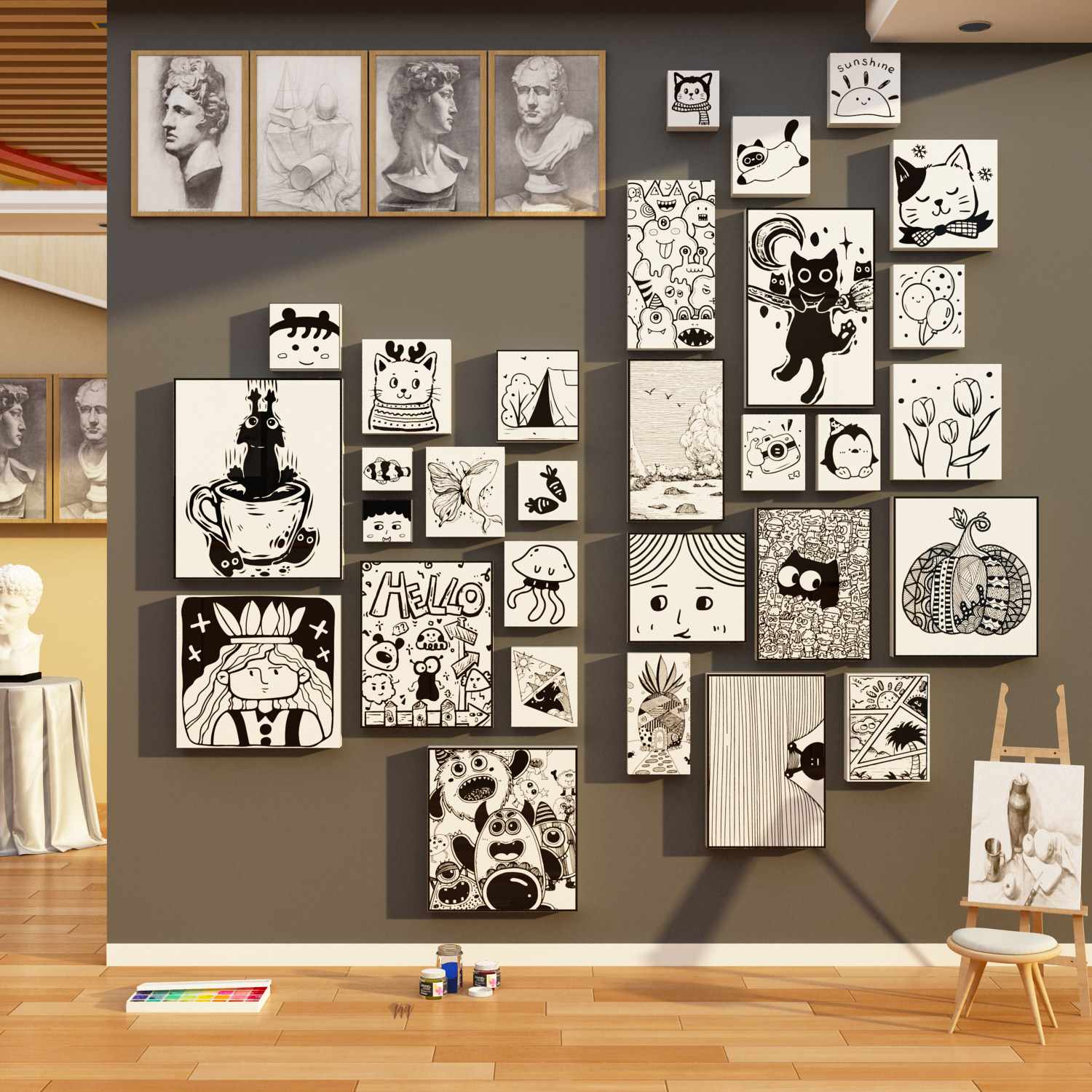 画室氛围布置美术教室墙装饰素描展示幼儿园环创成品机构场景文化