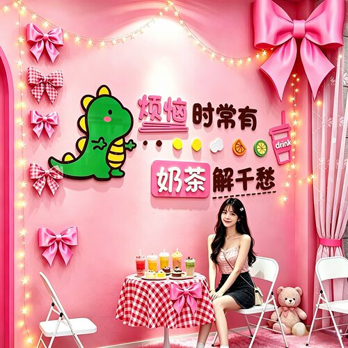 网红奶茶店墙壁面装饰创意布置摆件蛋糕甜品咖啡吧台背景墙贴纸画