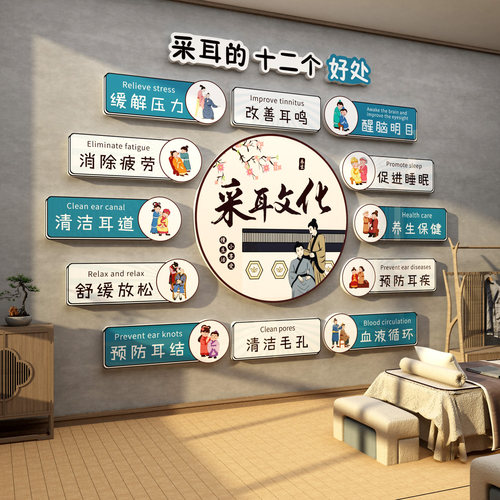 中医采耳养生馆吧台背景墙面贴文化前台美容院广告宣传画布置装饰